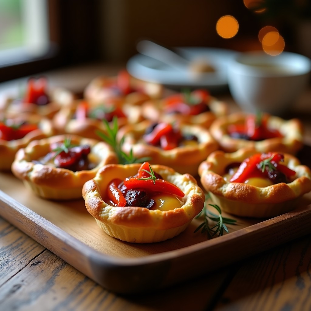 Tartaletas doradas en bandeja rústica con pimiento del piquillo asado y queso Idiazábal fundido, decoradas con hilo de miel de romero.