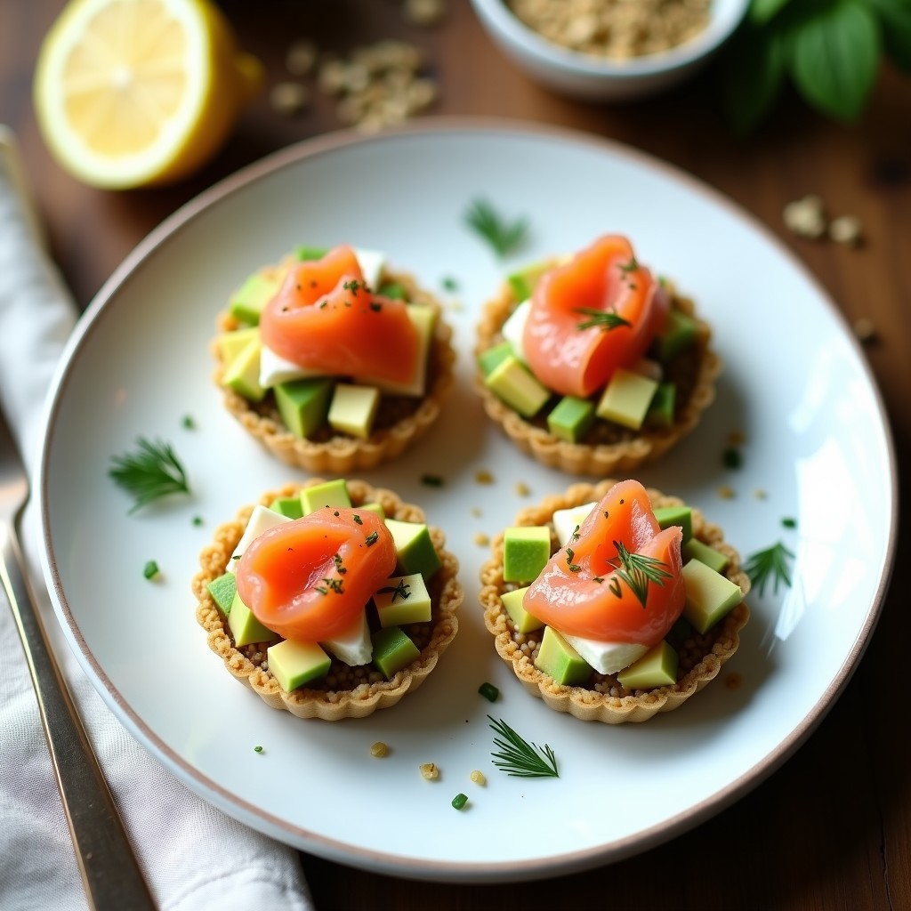 Tartaletas individuales de quinoa y queso fresco, coronadas con láminas de salmón ahumado, cubos de aguacate y eneldo fresco, servidas en plato blanco sobre fondo rústico.