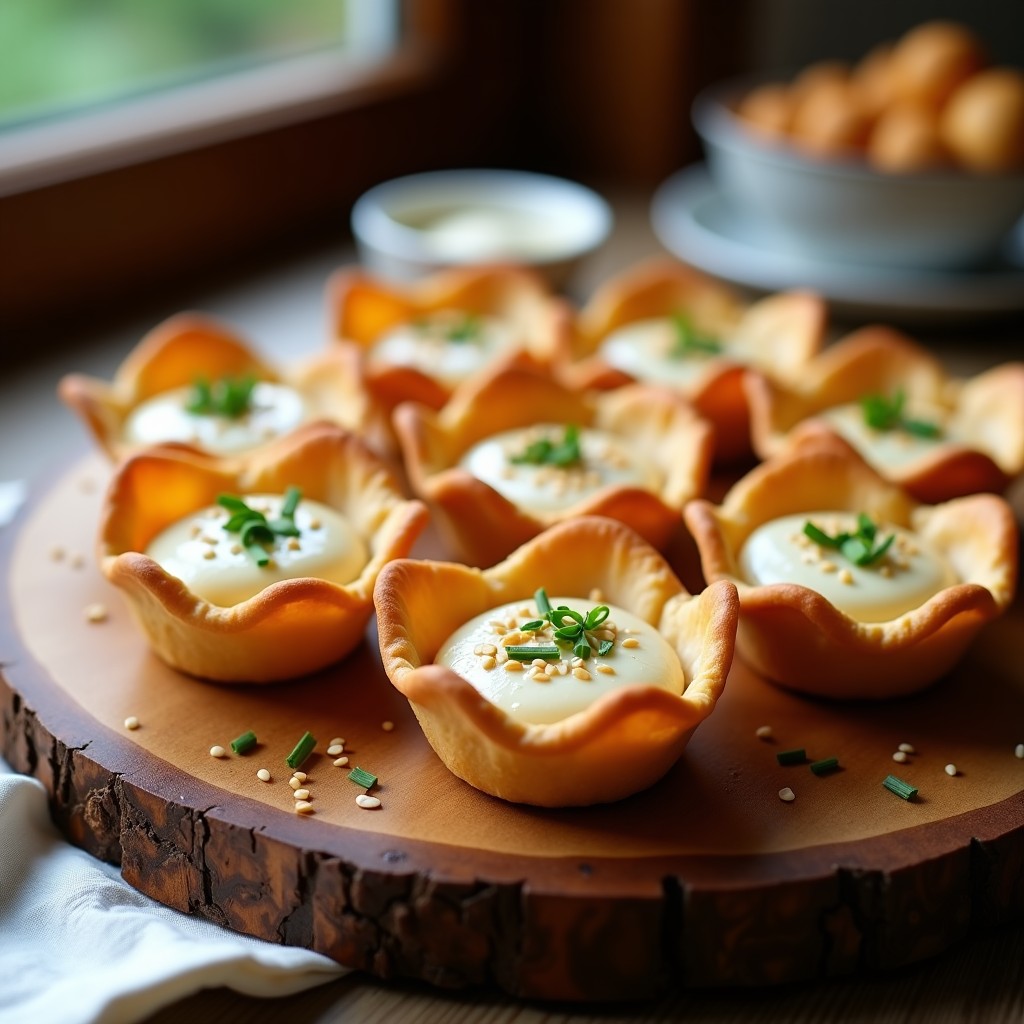 Tartaletas veganas en molde de magdalena con base de hojaldre dorado, rellenas de crema de tofu y miso blanco, decoradas con semillas de ajónjolí tostado y cebollino picado.