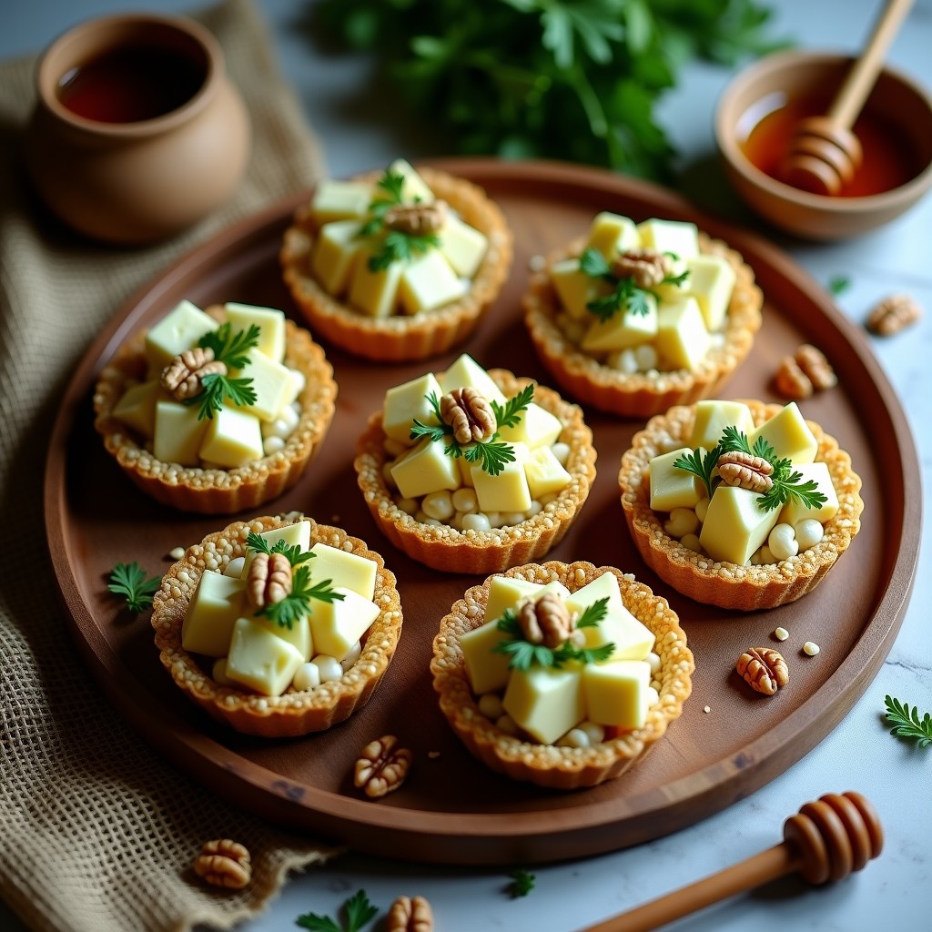Tartaleta gourmet sin horno con base dorada de semillas de lino, chía y girasol, rellena de alcachofas confitadas y queso de cabra desmenuzado, decorada con miel de tomillo, pimienta rosa y hojas de menta fresca. Receta Greenwich de tartaleta de alcachofa y queso de cabra sin horno.