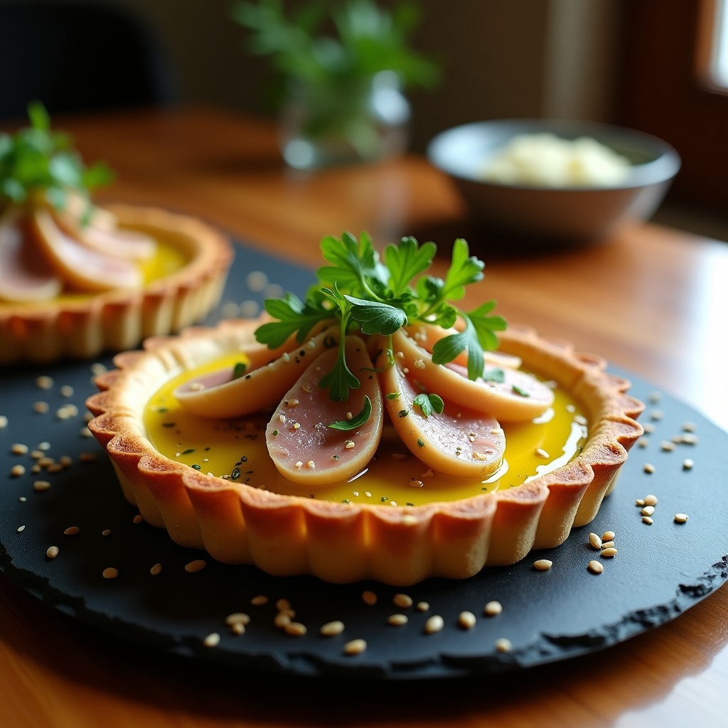 Tartaletas gourmet españolas con base dorada de garbanzo, rellenas de crema de alcachofa y ventresca de atún, decoradas con cerezas en almíbar, semillas de sésamo y hojas de menta sobre un plato de pizarra.