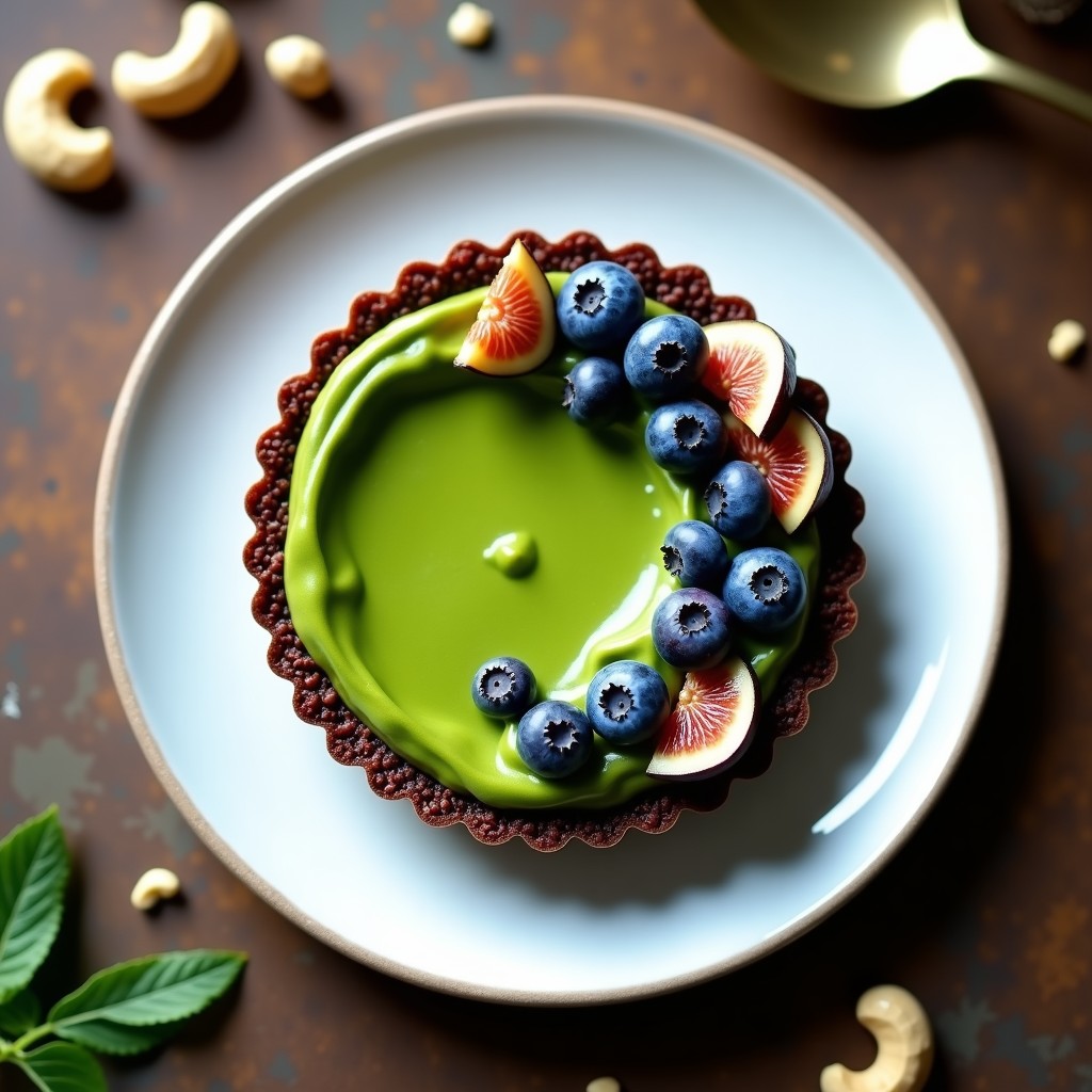 Tartaleta vegana de alga espirulina y queso de anacardos con base crujiente de dátiles y almendras, rellena de crema verde vibrante, decorada con arándanos frescos y higos secos sobre un plato de cerámica blanca.