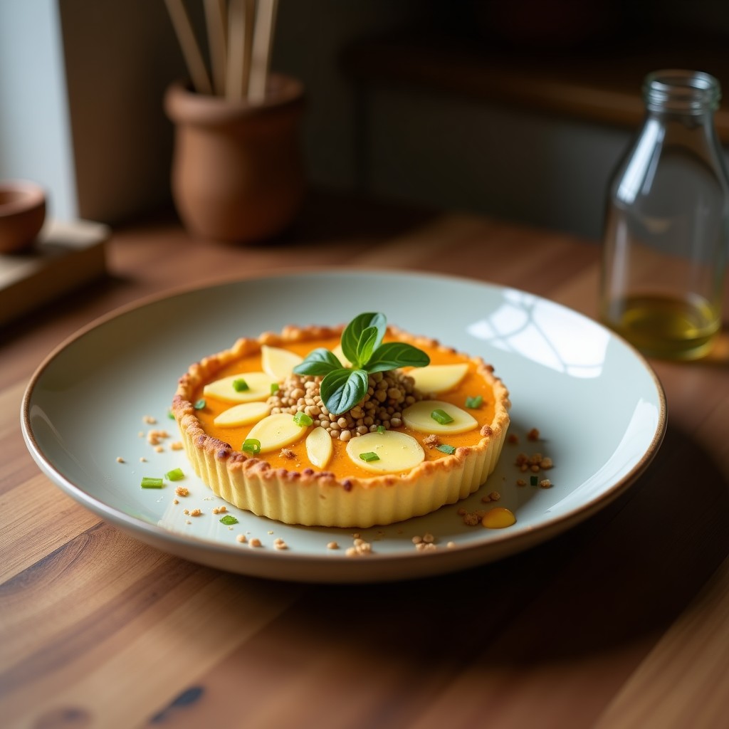 Tartaleta de algarroba y queso vegano en molde individual, con base dorada de avena y algarroba, rellena de crema de anacardos suave y cubierta por una capa oscura y brillante de algarroba. Decorada con un toque de canela en polvo, sobre un plato de cerámica blanca con fondo rústico.