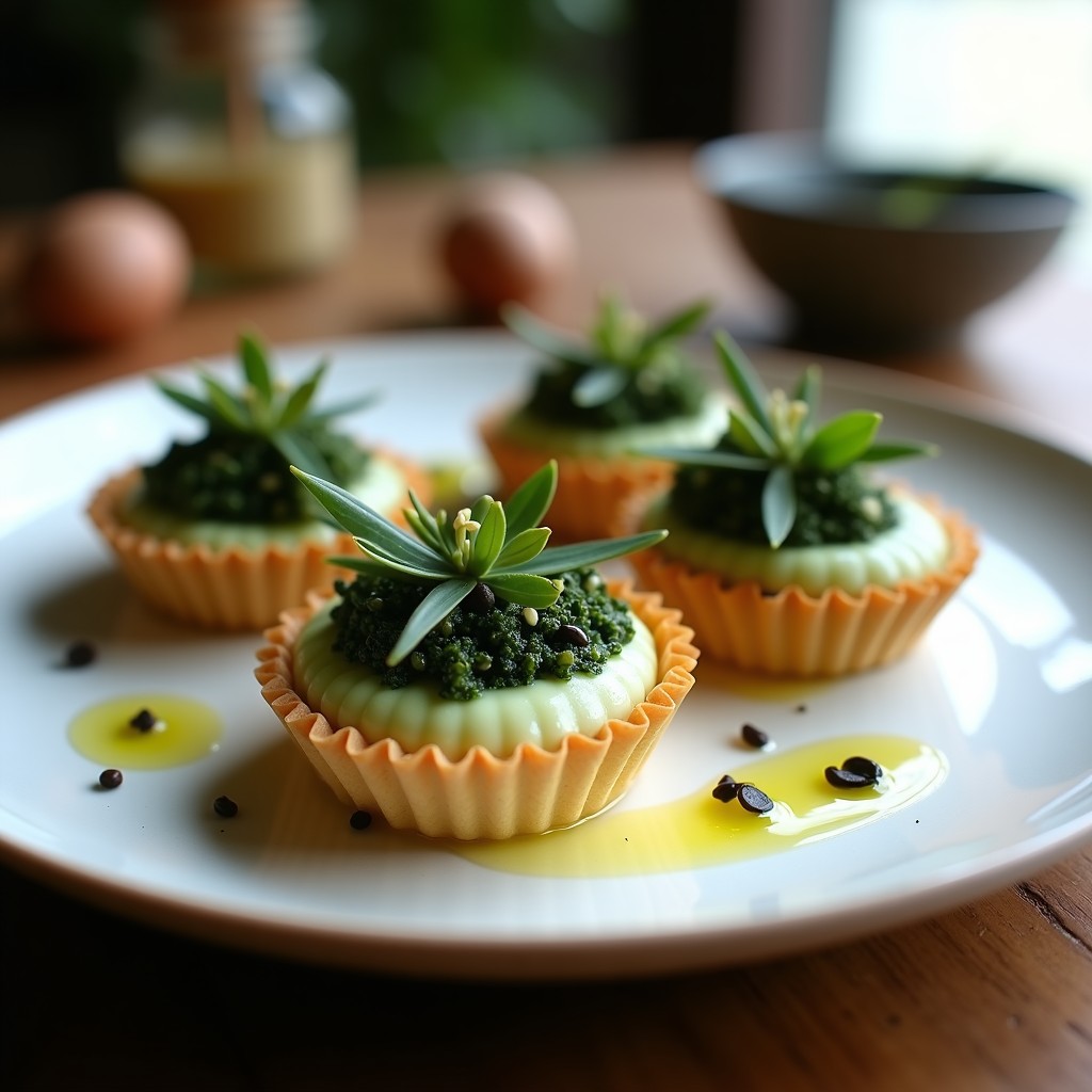 Tartaleta vegana crudivegana con base de queso de macadamia cremoso, decorada con algas espirulina verde azulado, tiras de nori, semillas de sésamo negro y pimienta rosa, servida en molde pequeño sobre fondo rústico.