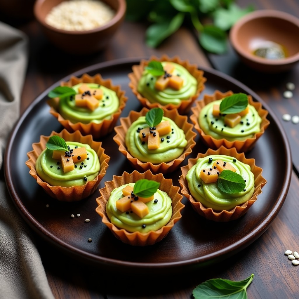 Tartaletas crujientes de algas nori doradas rellenas de crema de aguacate verde intenso y surimi vegano desmenuzado, decoradas con semillas de sésamo negro y blanco sobre un plato de madera oscura, receta japonesa innovadora.