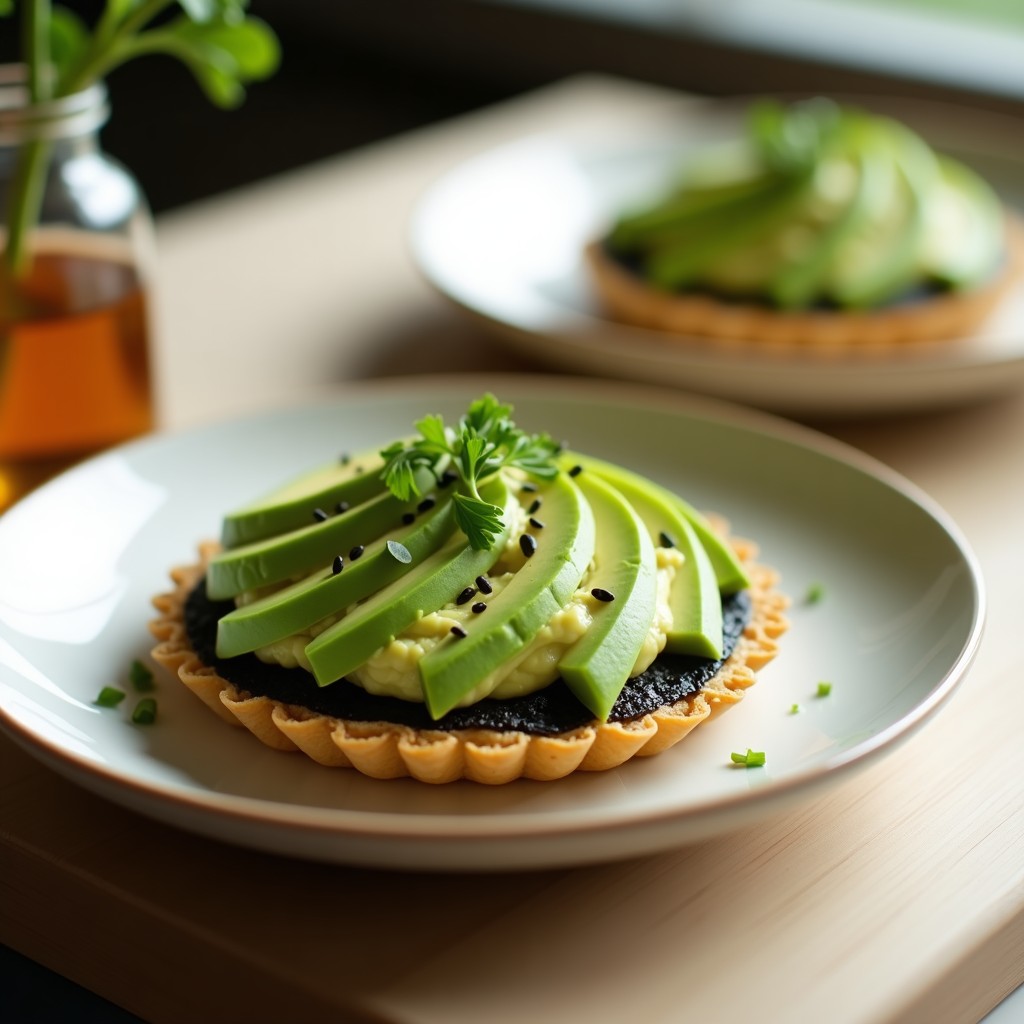 Tartaleta vegana con base crujiente de algas nori tostadas, rellena de hummus cremoso de edamame, decorada con láminas de aguacate, semillas de sésamo negro y cebollino picado. Presentación elegante en molde redondo sobre fondo de madera clara.