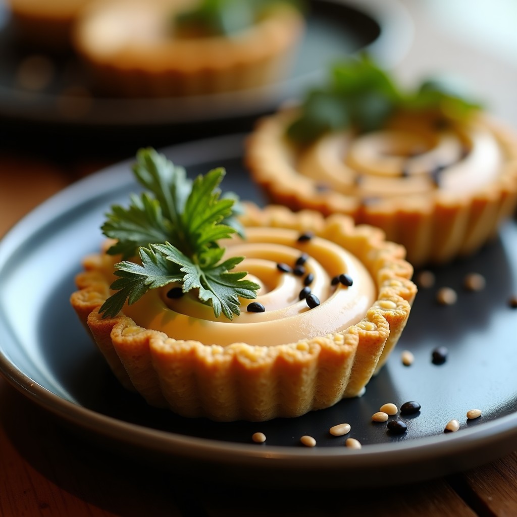Tartaleta crudivegana japonesa con base crujiente de alga nori, rellena de queso cremoso de anacardos, decorada con láminas de aguacate, semillas de sésamo negro y cebollino fresco, sobre un plato de madera oscura.