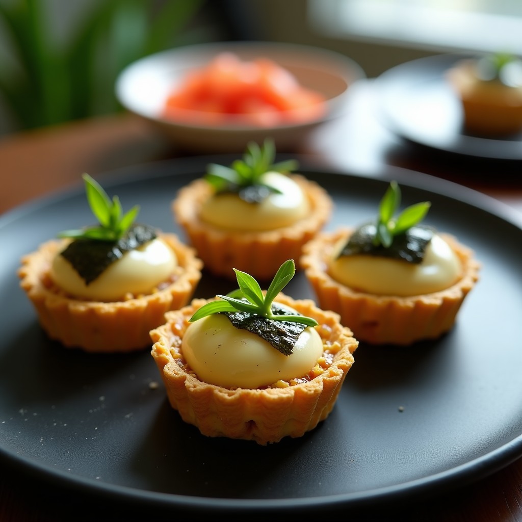 Tartaletas doradas en molde de silicona con base crujiente de semillas y alga nori, rellenas de crema de queso de anacardos suave y decoradas con tiras de alga nori y cebollino fresco. Receta vegana de sushi en horno con umami explosivo.