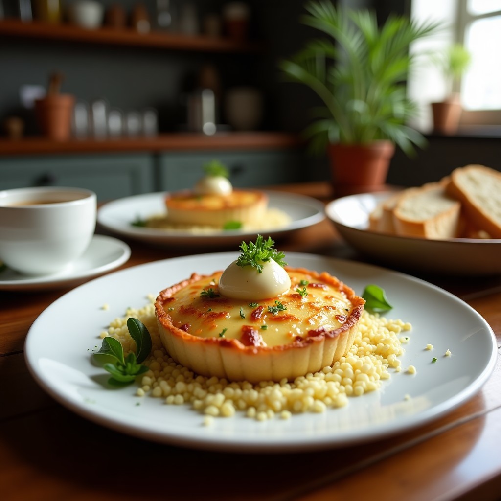 Tartaletas doradas en molde de silicona con base crujiente de semillas de sésamo y amapola, rellenas de queso de cabra fundido y decoradas con cebollino fresco. Receta japonesa-francesa de algas nori y queso de cabra en airfryer con toque umami.