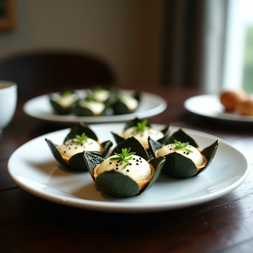 Tartaletas japonesas de algas nori doradas y crujientes rellenas de queso cremoso, decoradas con semillas de sésamo blanco y negro, servidas en un plato de cerámica negra con cebollino fresco, receta airfryer sin harina.