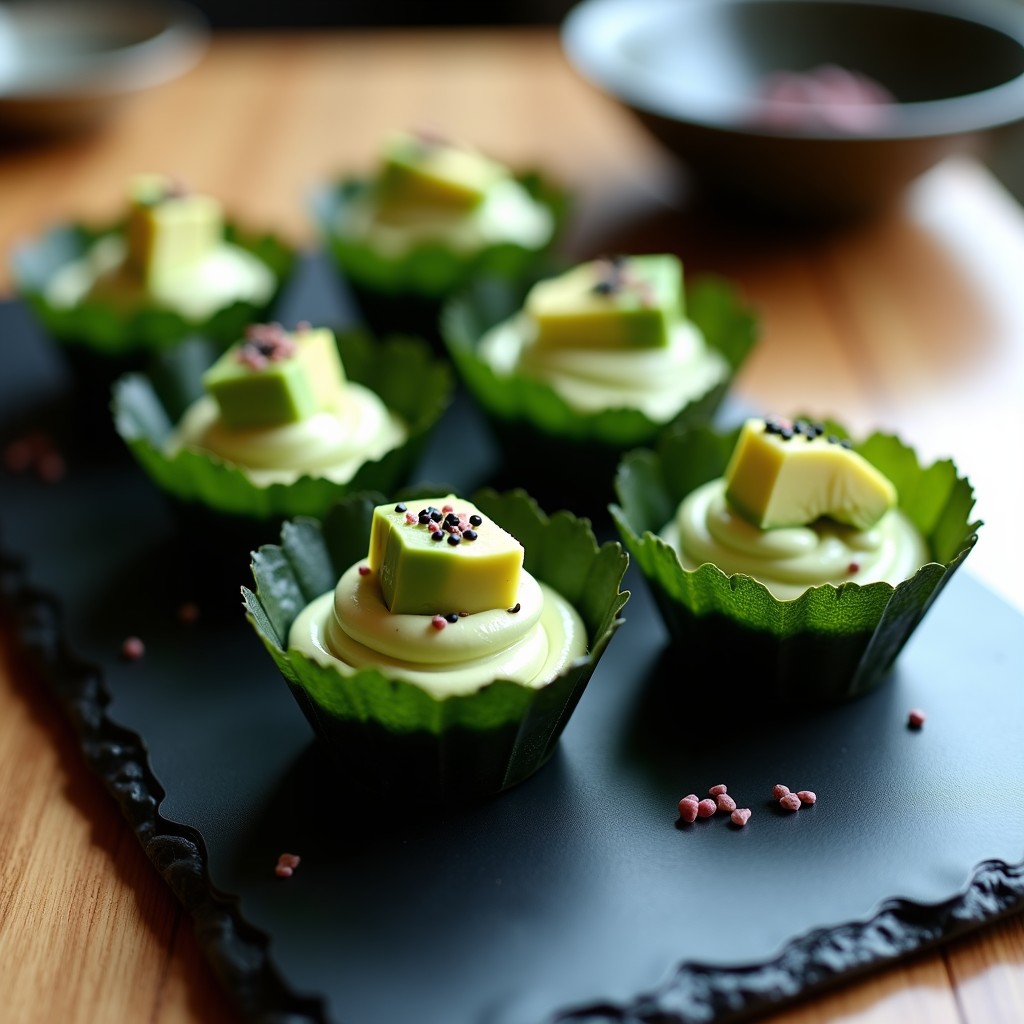 Tartaletas japonesas keto con base crujiente de sésamo y coco, rellenas de crema verde de wasabi y aguacate, decoradas con wasabi en polvo y aceite de sésamo, sobre un plato de cerámica negra.