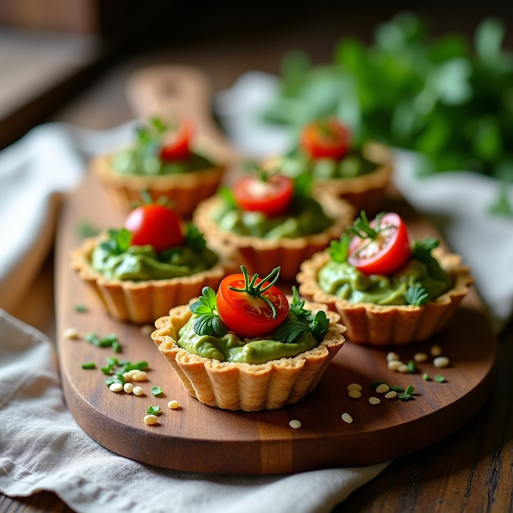 Tartaletas veganas sin horno con base crujiente de semillas de girasol y lino, rellenas de crema verde de queso de castaña y algas spirulina, decoradas con tomates cherry, cebollino y microgreens sobre un plato de madera rústico.