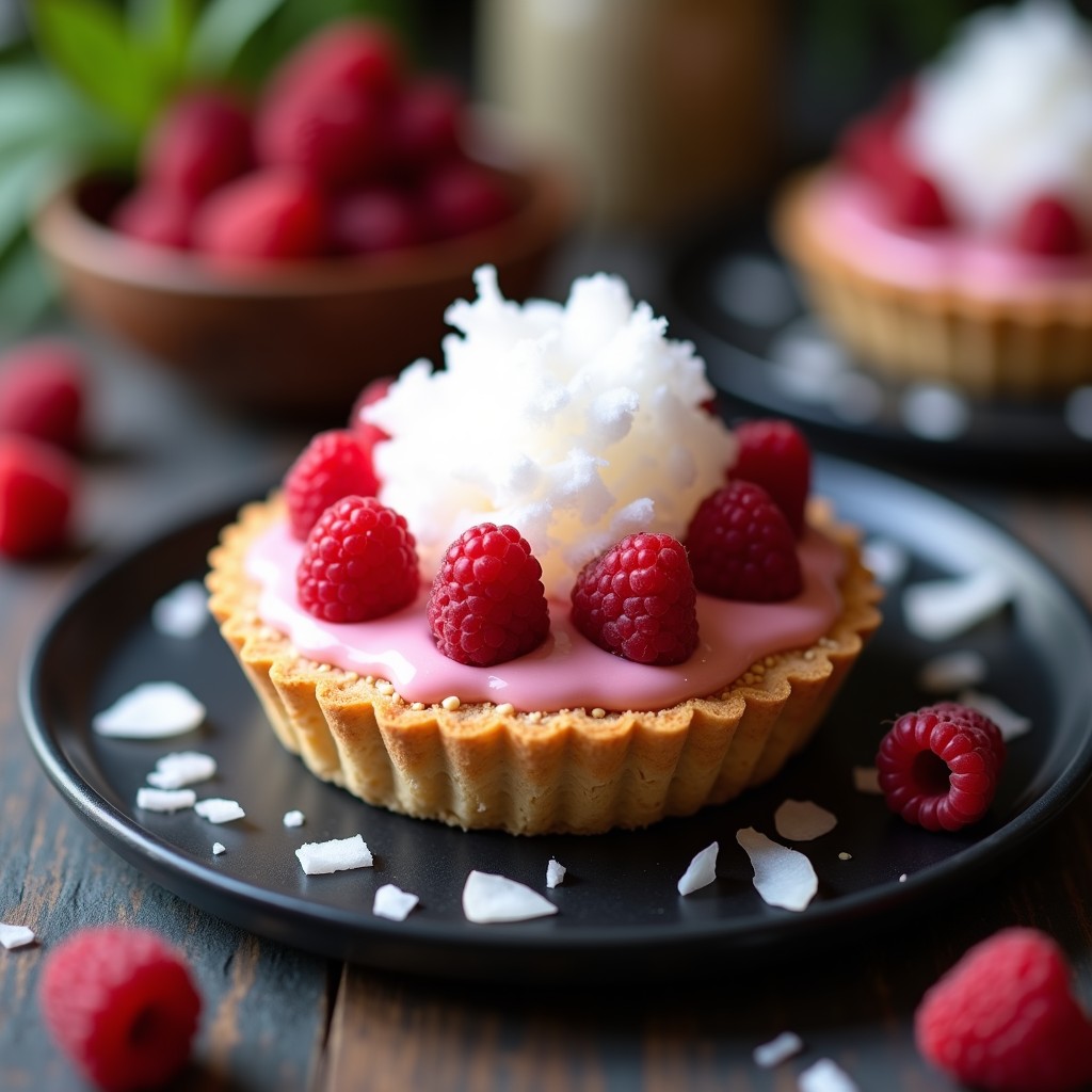 Tartaleta vegana sin horno con base dorada de almendra y coco, rellena de mousse rosada de frambuesa y aquafaba, decorada con frambuesas frescas y algodón de azúcar esponjoso en tonos pastel.
