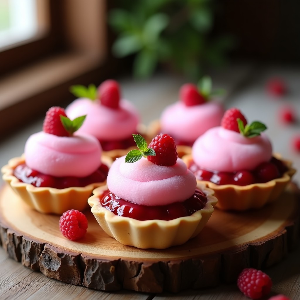 Tartaleta francesa sin harina con base crujiente de merengue blanco, rellena de compota de frambuesas rojas y coronada con algodón de azúcar rosado esponjoso. Decorada con frambuesas frescas y hojas de menta sobre fondo rústico de madera.