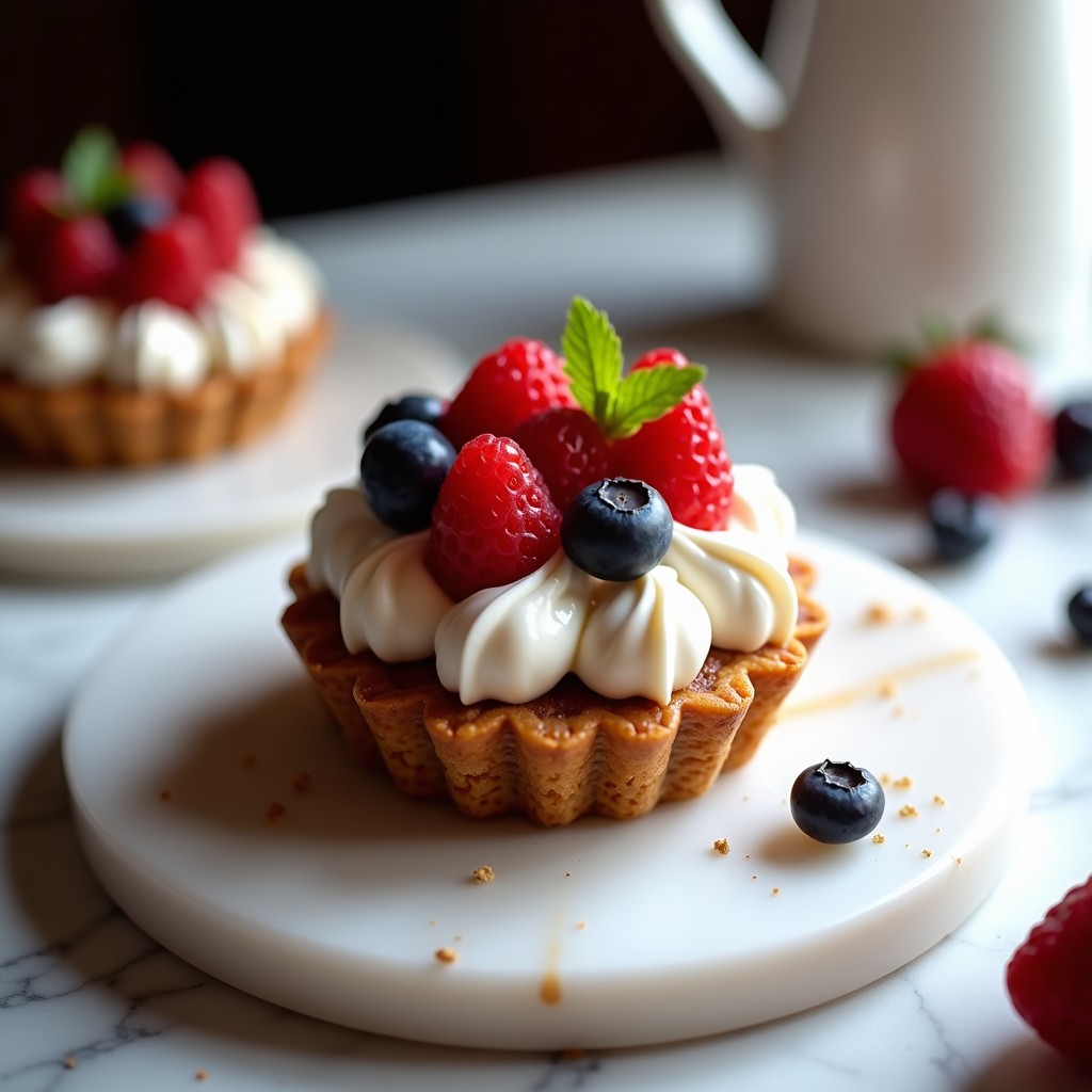 Tartaleta de 3 capas en molde dorado: base crujiente de almendra y coco, mousse cremosa de queso y topping de algodón de azúcar rosado con frutos rojos frescos. Postre sin azúcar elegante y colorido.