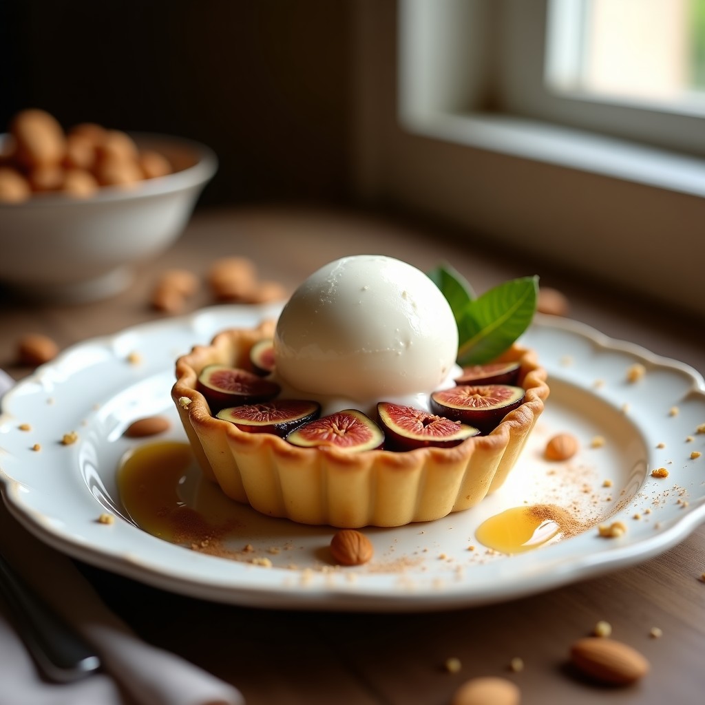Tartaleta de Almendra y Higos Rellenos: Postre Sin Gluten con Helado de Yogur Griego