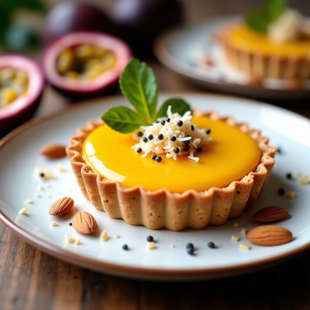 Tartaleta individual con base dorada de almendra y coco, rellena de crema amarilla de maracuyá y decorada con semillas de chía y ralladura de limón, sobre un plato blanco con fondo borroso.