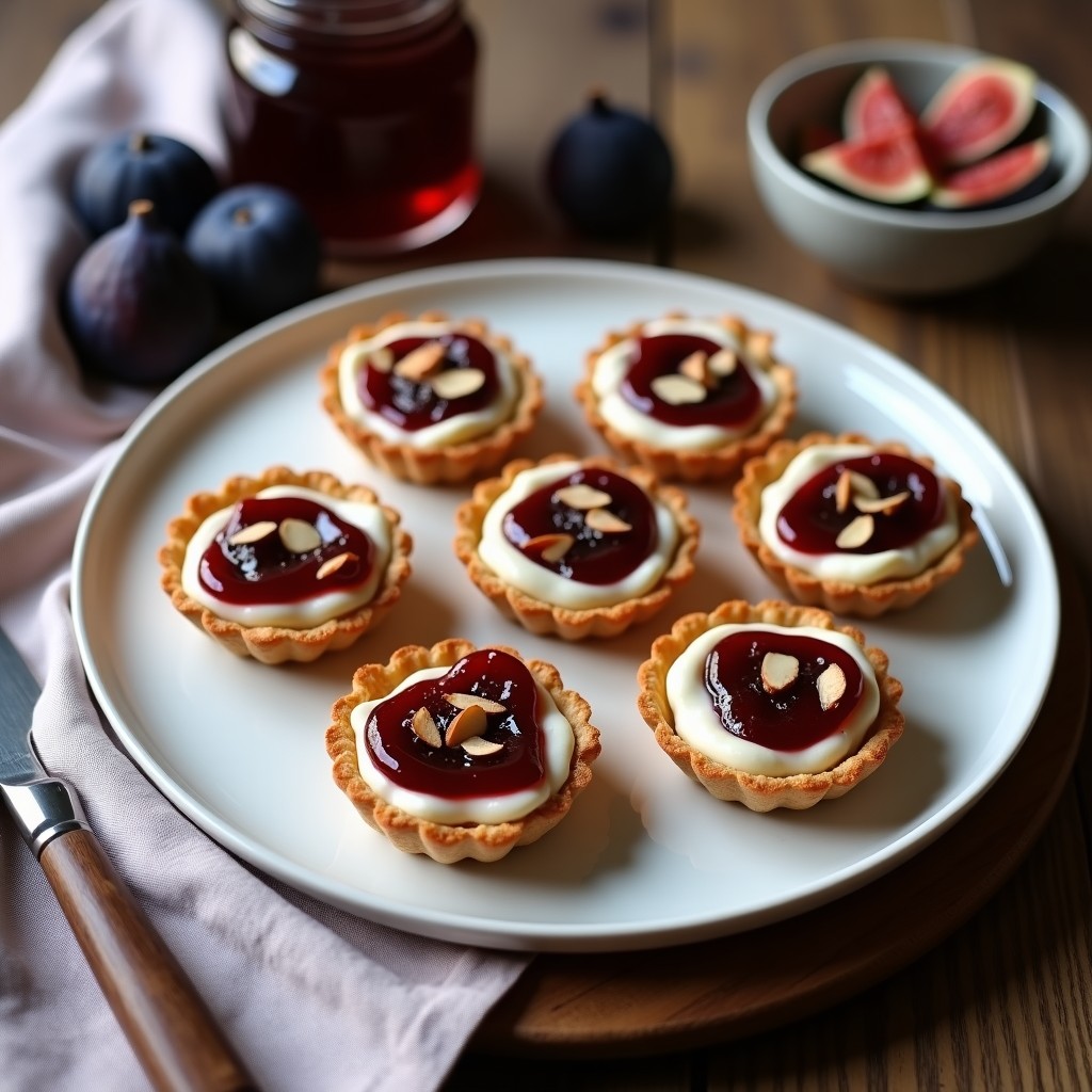 Tartaleta keto de almendra y requesón con mermelada de higos en molde individual, base dorada crujiente, relleno cremoso blanco y topping de mermelada oscura con almendras fileteadas, servida sobre plato blanco rústico.