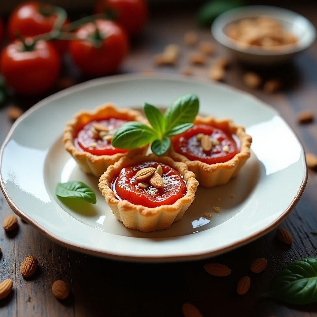 Tartaleta italiana sin azúcar con base dorada de almendras crujientes y relleno brillante de mermelada de tomate acidulada, decorada con almendras fileteadas y pimienta rosa.