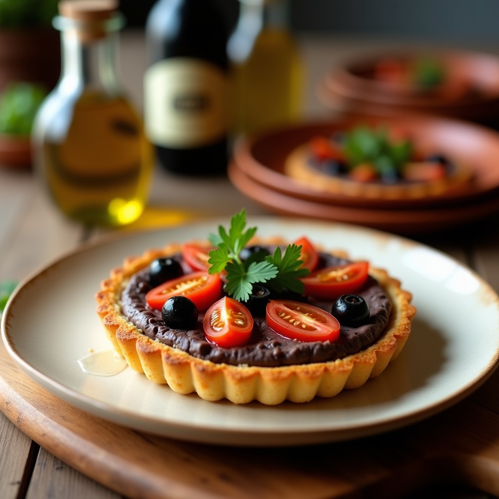 Tartaleta vegana española de base dorada de harina de altramuz con crema de berenjena ahumada, decorada con tomates cherry, aceitunas negras y perejil fresco sobre fondo rústico de madera.