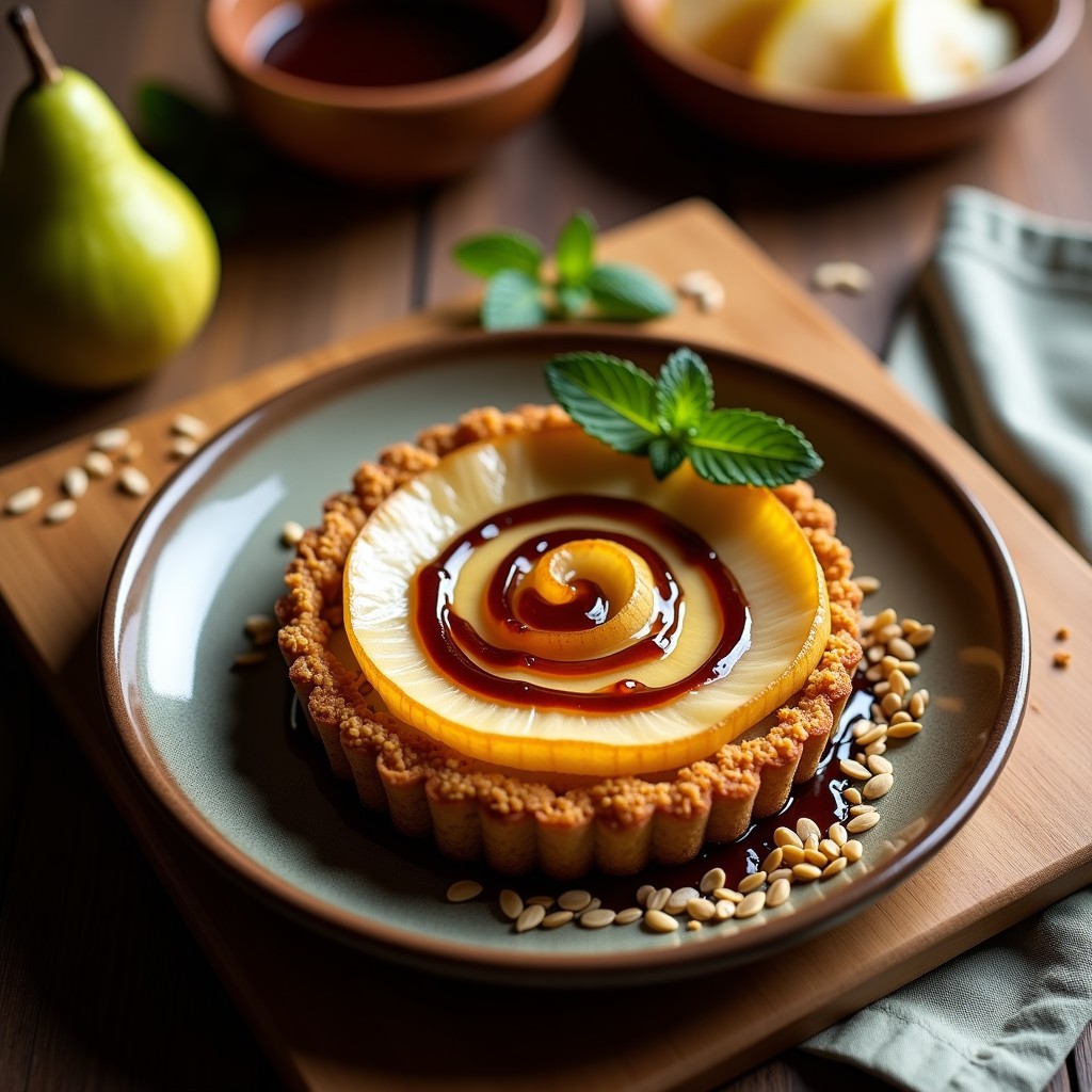 Tartaleta vegana mexicana con base dorada de amaranto y avena, coronada por láminas de pera caramelizada y bañada con hilos brillantes de salsa de vinagre balsámico reducido, servida en molde individual sobre tabla de madera rústica.