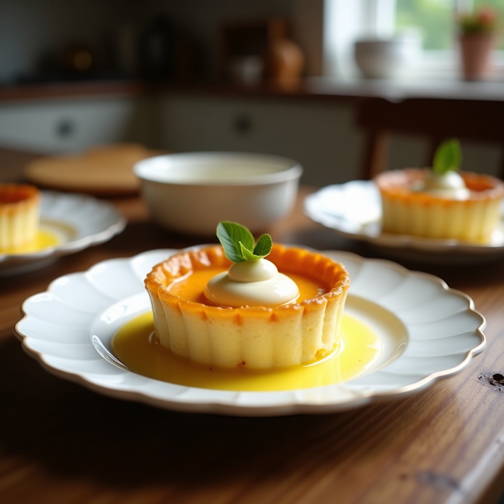 Tartaleta dorada de harina de almendra rellena de crema de coco espumosa, decorada con almendras fileteadas y hebras de azafrán, sobre un plato blanco con fondo oscuro.