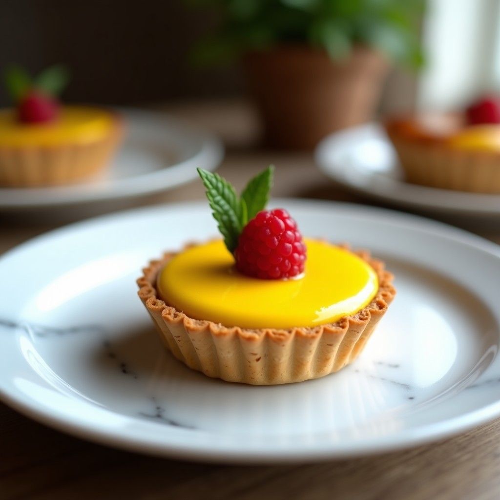 Tartaleta individual con base dorada de avena y almendras, rellena de crema amarilla de cúrcuma, decorada con una frambuesa fresca y hoja de menta sobre fondo blanco.