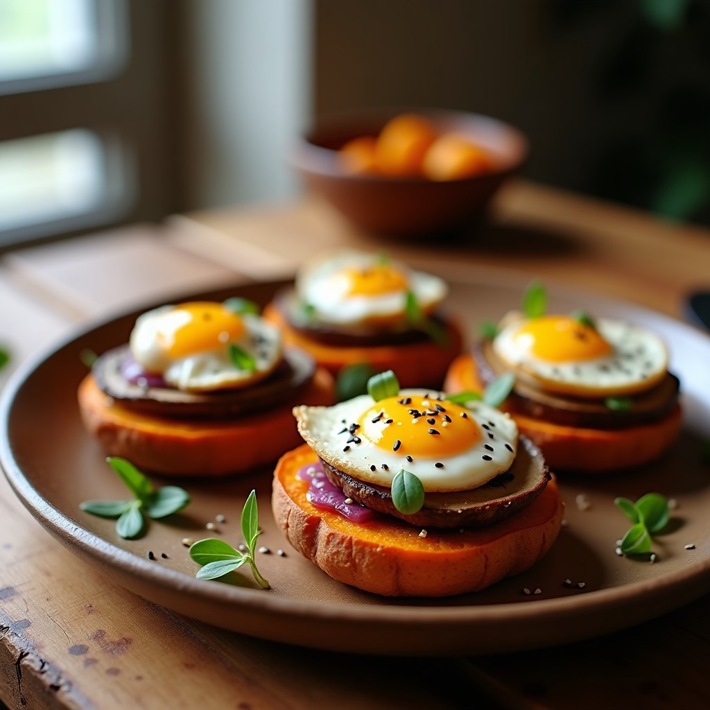 Tartaleta keto sin masa de batata naranja asada con champiñones portobello marinados, huevo cuajado y semillas de sésamo negro, sobre fondo rústico de madera.