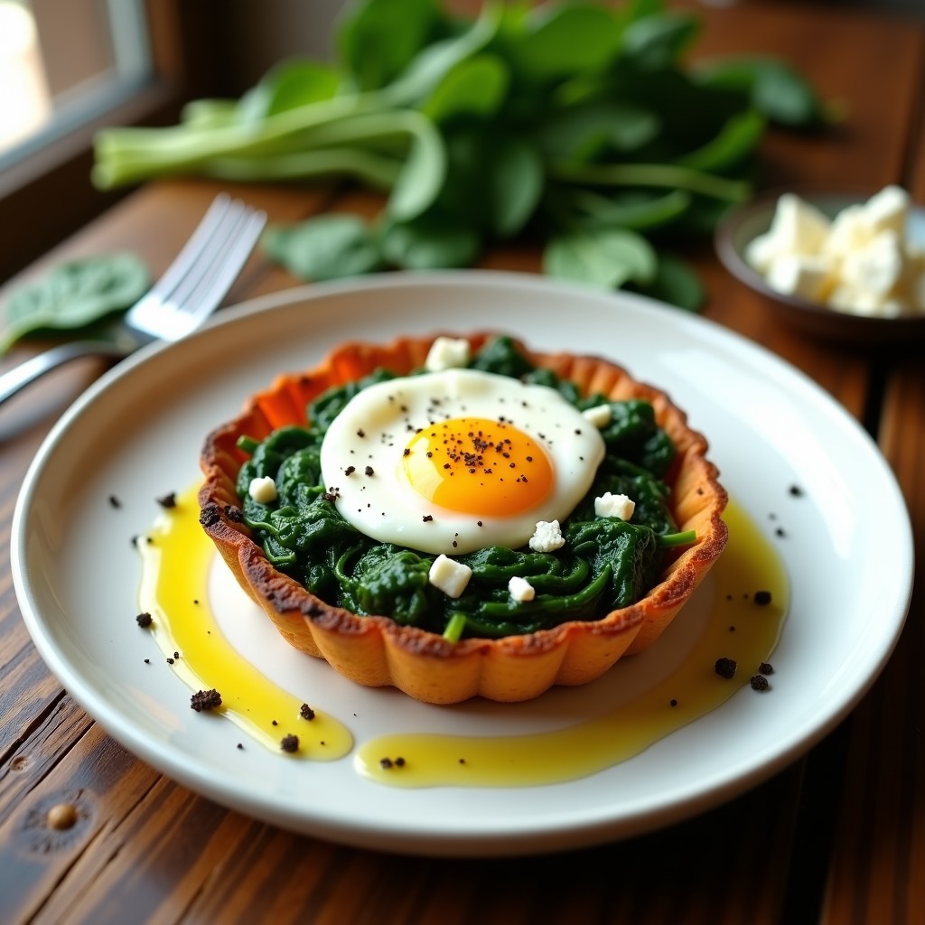 Tartaleta keto sin harina con base de batata dorada, rellena de espinacas verdes, huevo poché de yema líquida y queso de cabra desmenuzado, servida en plato blanco con hilo de aceite de oliva.