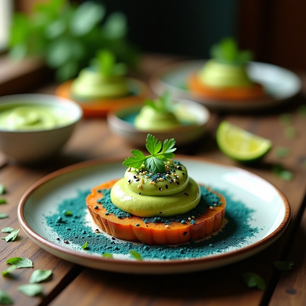 Tartaleta vegana de batata asada con espirulina, crema de aguacate verde brillante y zumo de lima, decorada con semillas de sésamo y hojas de cilantro sobre base de harina de garbanzo crujiente.