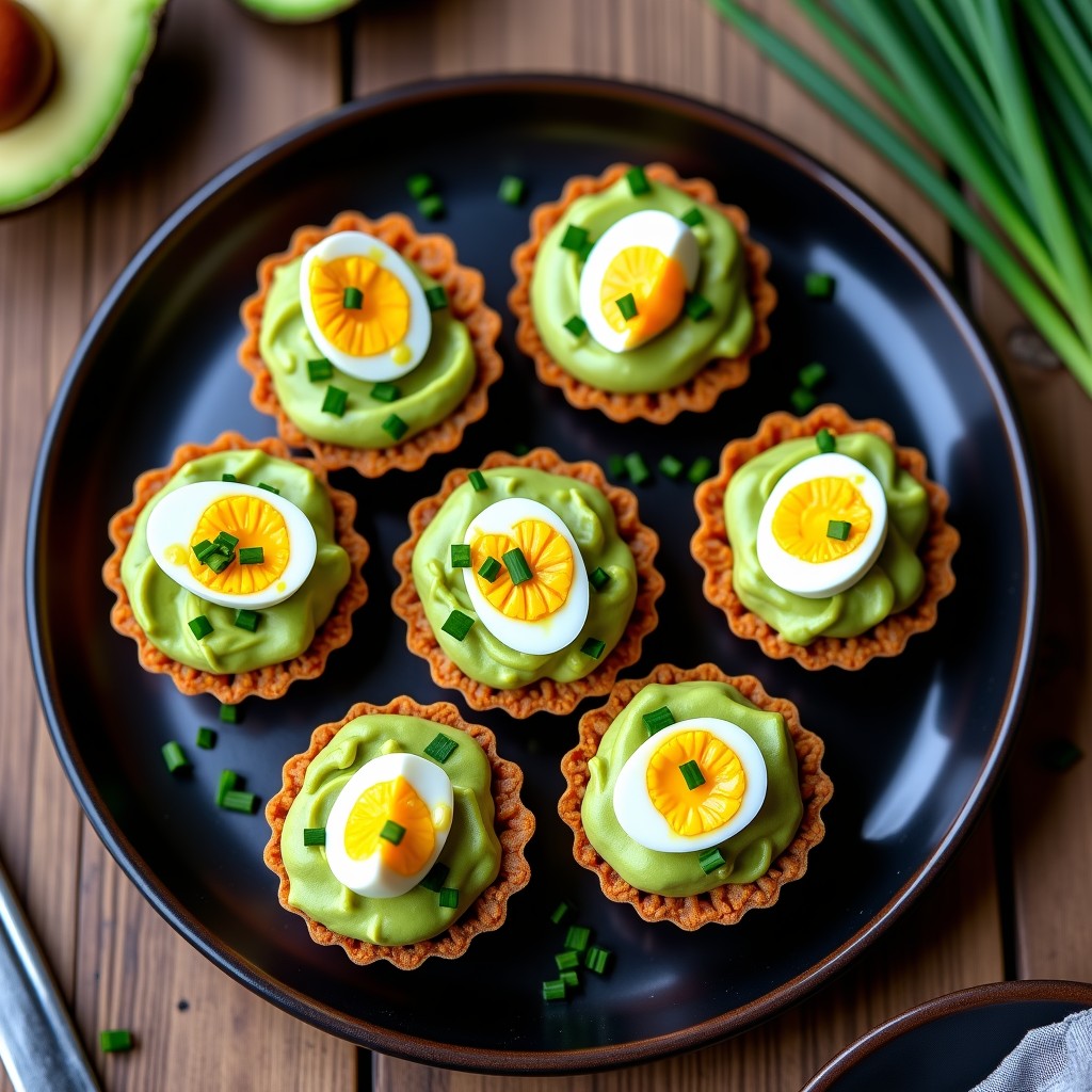 Tartaletas individuales con base dorada de harina de almendra, rellenas de rodajas de batata morada, crema de aguacate verde y huevos de codorniz con yema líquida, decoradas con cilantro fresco y semillas de sésamo negro.
