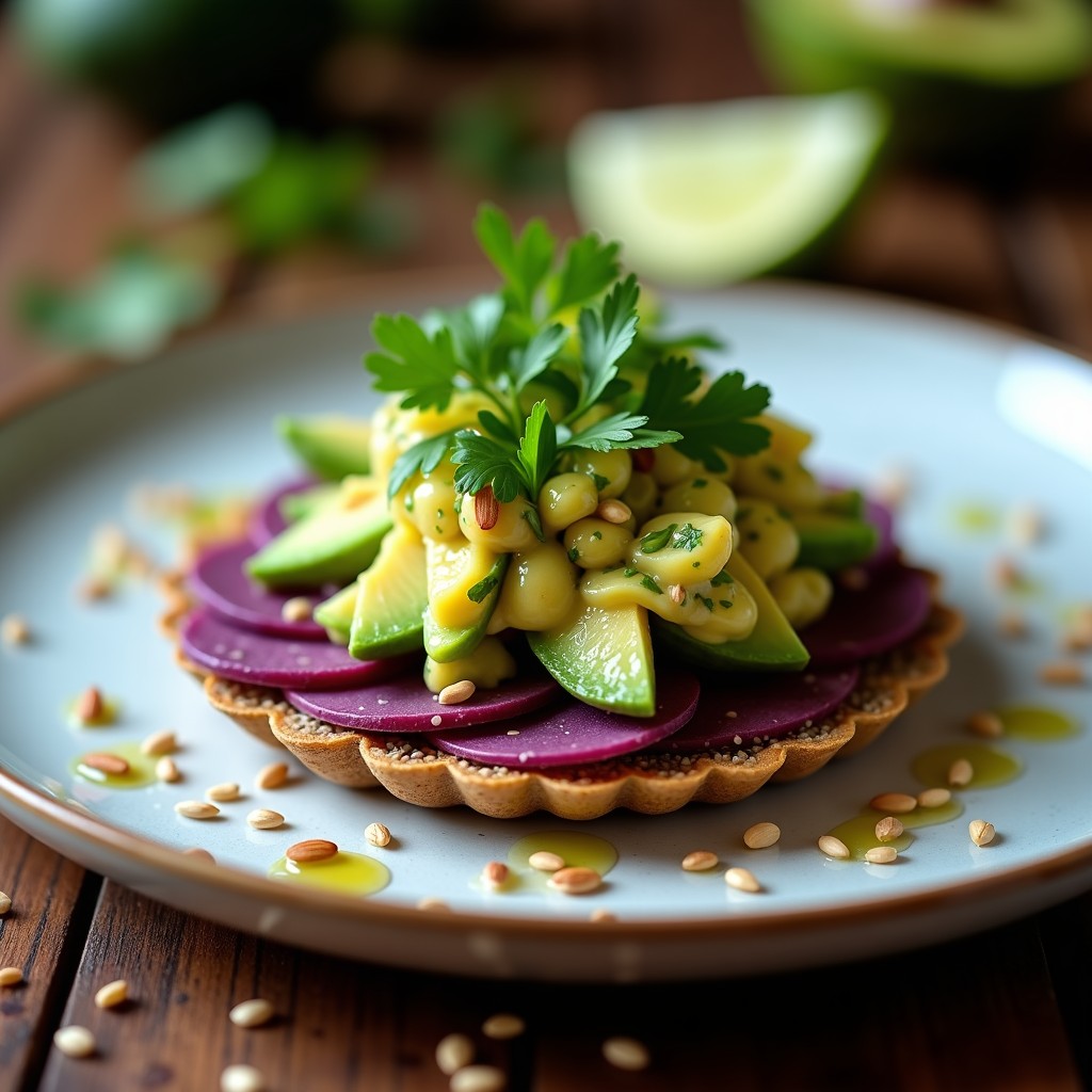 Tartaleta vegana peruana con base de rodajas de batata morada violeta, coronada por ceviche de aguacate cremoso con trozos verdes, cebolla morada, semillas de sésamo dorado y hojas de lechuga morada. Presentación fresca y colorida en plato blanco rústico.