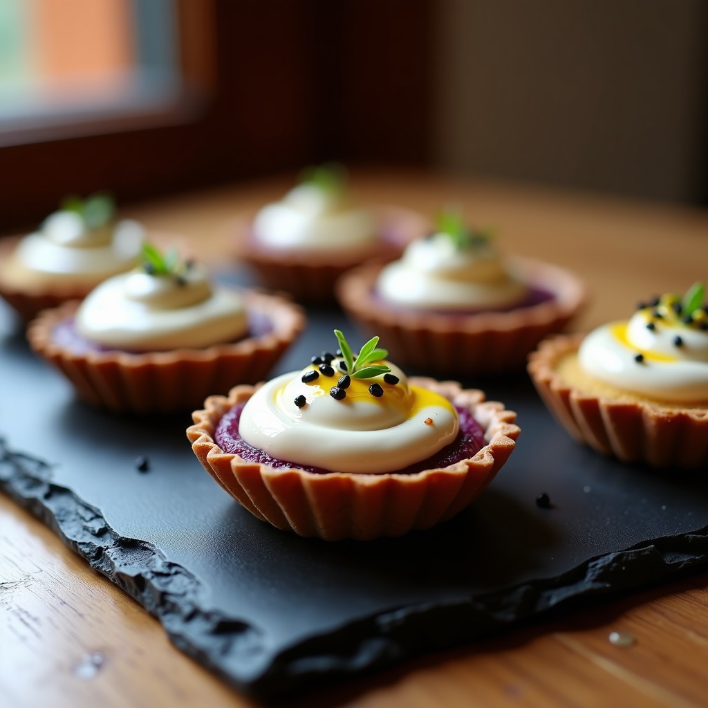 Tartaletas doradas con base crujiente de sésamo y arroz inflado, rellenas de rodajas de batata morada asada y crema de miso blanco brillante, decoradas con cebollino picado y aceite de sésamo. Plato japonés vegano en airfryer con contraste de texturas y colores vibrantes.