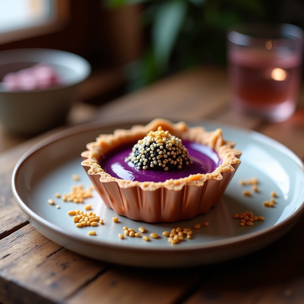 Tartaleta individual de batata morada y misos con base crujiente de sésamo negro y blanco, servida en molde metálico sobre fondo oscuro. Postre japonés keto elegante y colorido.