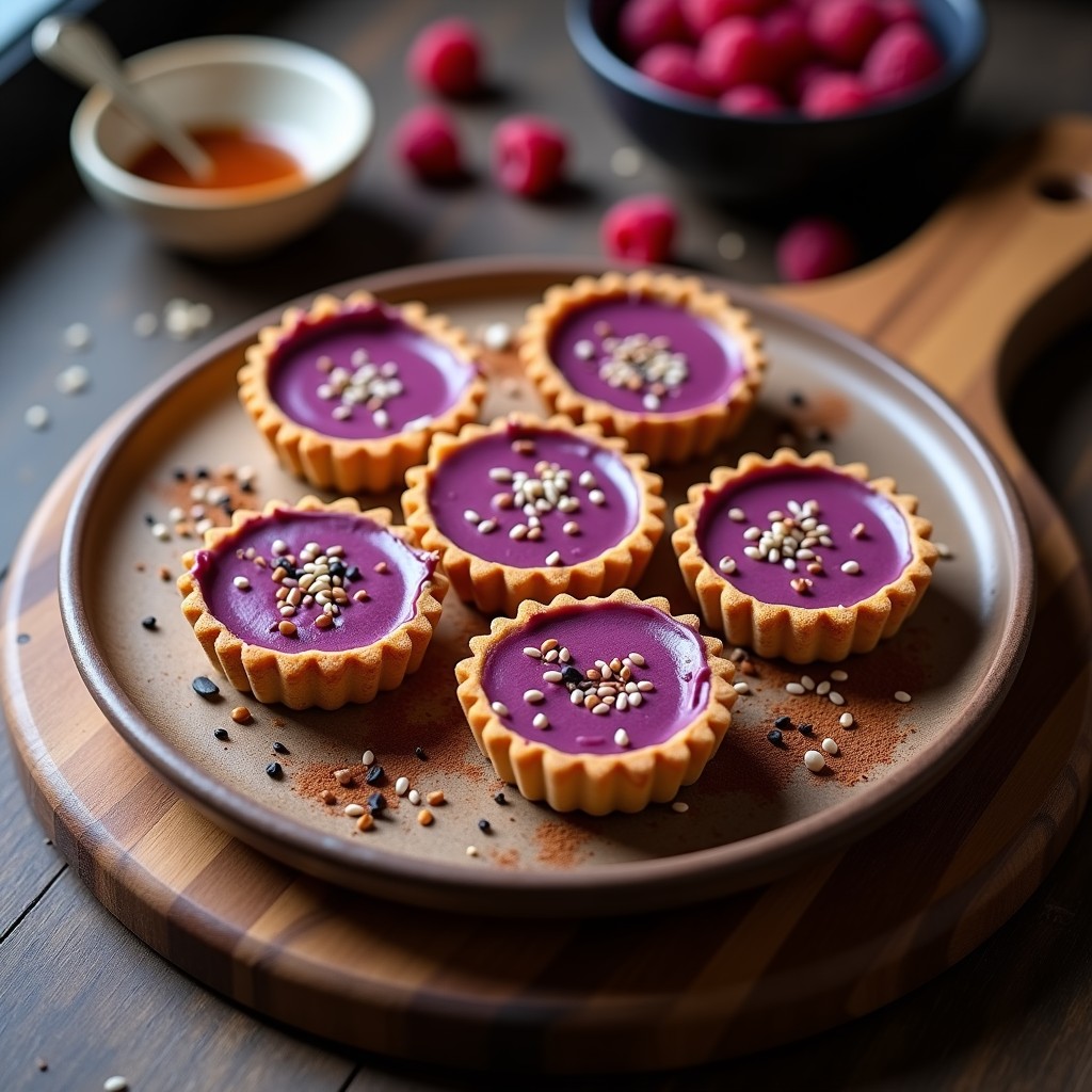 Tartaleta de Batata Morada y Tahini: Postre Sin Horno Vegano con Crunch de Sésamo