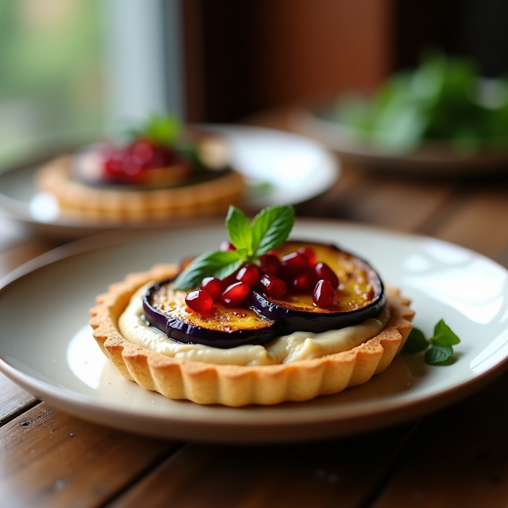 Tartaleta dorada con base de masa quebrada, salsa cremosa de tahini, rodaja de berenjena ahumada y semillas de granada rojas brillantes, decorada con hojas de menta fresca.