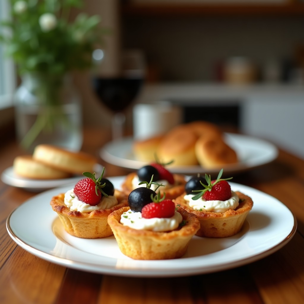 Tartaletas de berenjena y queso de cabra ahumado sobre base de hojaldre dorado, decoradas con tomates secos, piñones y romero, con un hilo de miel brillante.