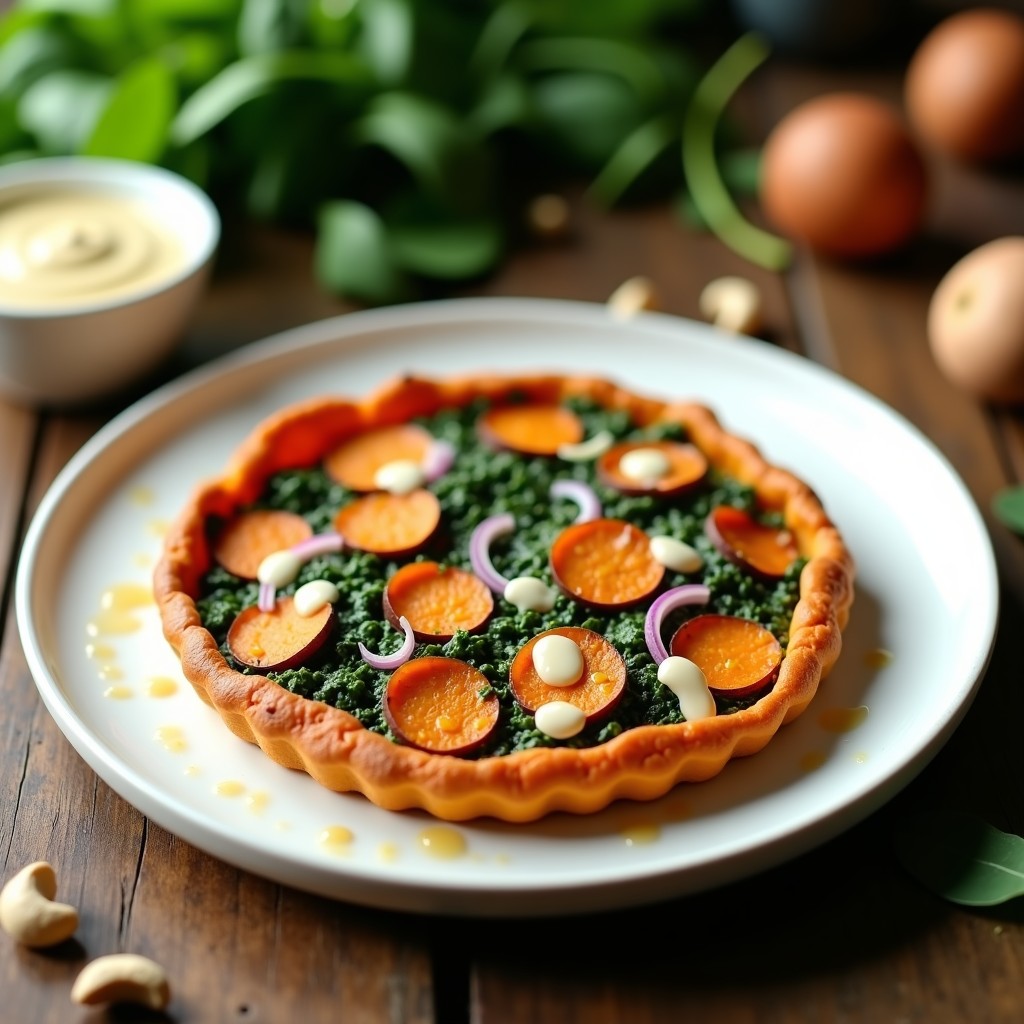 Tartaleta vegana dorada en airfryer con base de boniato en rodajas, rellena de espinacas verdes y cubierta por una salsa cremosa de anacardos. Decorada con semillas de sésamo tostadas. Plato servido en molde metálico sobre fondo rústico de madera.