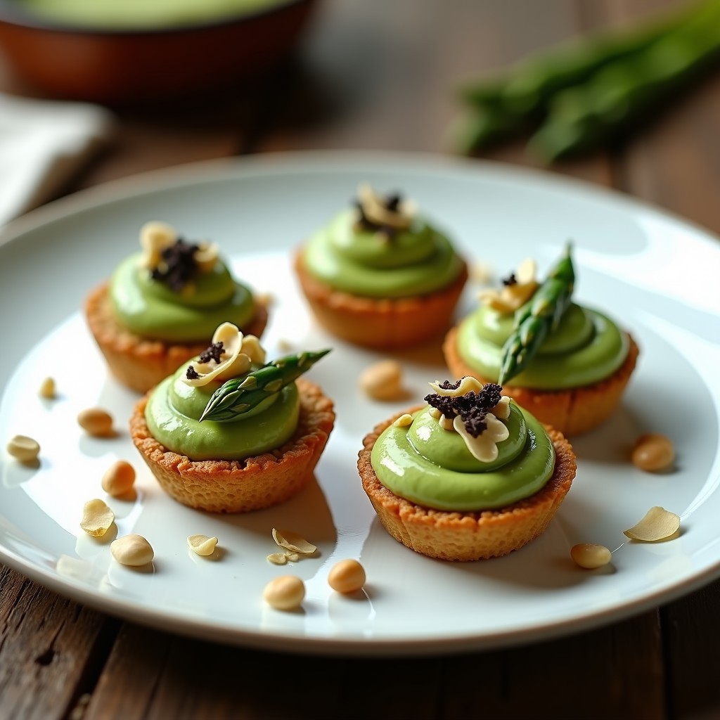 Tartaletas individuales de buckwheat doradas con relleno cremoso de espárragos trigueros, decoradas con trufa negra rallada, nueces de macadamia y puntas de espárrago, servidas en plato blanco sobre fondo rústico.
