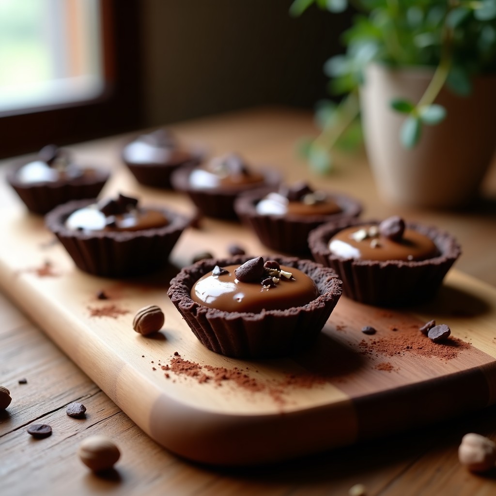 Tartaletas de cacao y avellana sin horno en moldes individuales, con base crujiente de avellana y relleno cremoso de anacardos, decoradas con virutas de cacao sobre fondo rústico de madera.