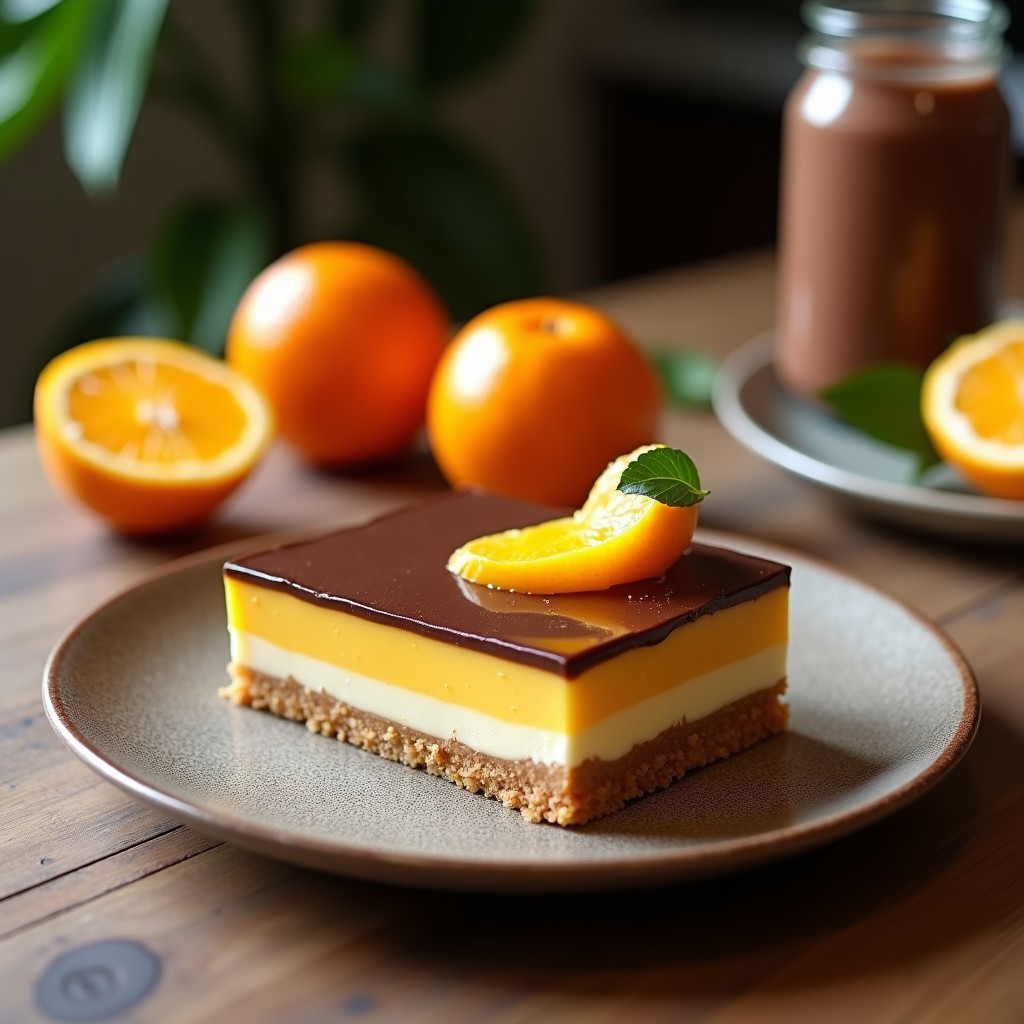 Tartaletas de cacao y naranja sin horno, con base oscura de almendras y cacao, rellenas de crema verde de aguacate y naranja, decoradas con ralladura de naranja sobre fondo rústico de madera.