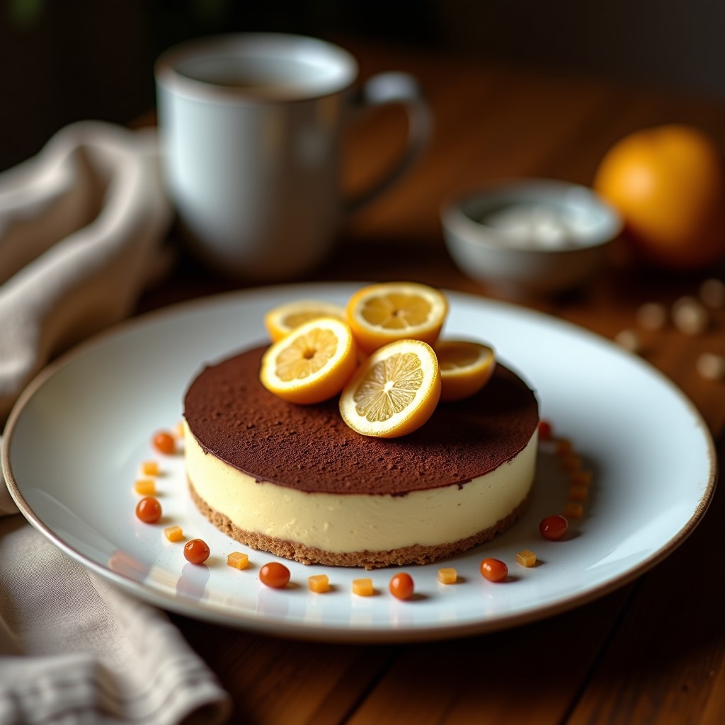 Tartaleta vegana sin horno con base de cacao y almendras, rellena de crema de anacardos y láminas de níscalos salteados, decorada con cacao en polvo.