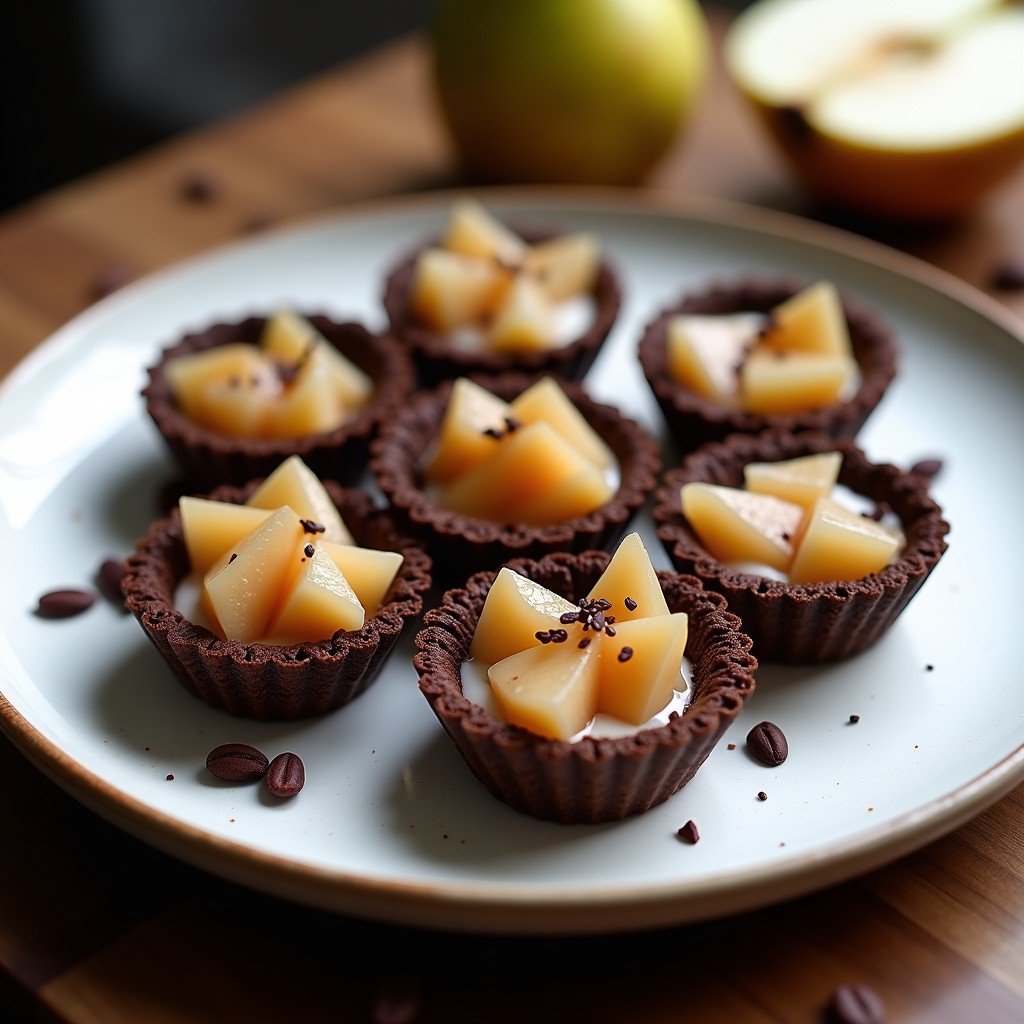 Tartaletas individuales de cacao y pera con base crujiente de avena y almendras, rellenas de pera caramelizada con canela y semillas de chía, servidas en plato blanco rústico.