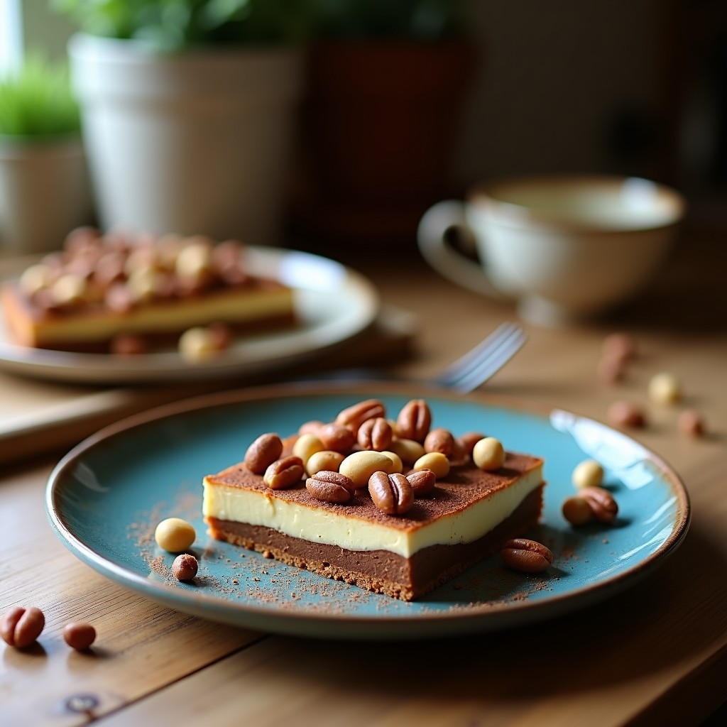 Tartaletas individuales de cacao con base crujiente, rellenas de crema de queso, gorgonzola desmenuzado y nueces, decoradas con miel y trozos de nuez entera.