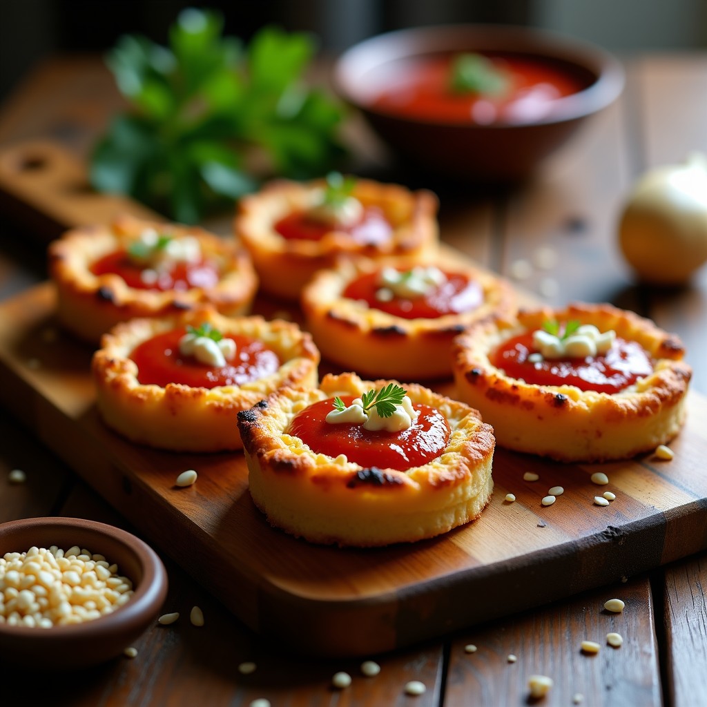 Tartaletas canarias crujientes de pan de caco con mojo rojo y queso de cabra desmenuzado, servidas en bandeja de madera con semillas de sésamo. Receta tradicional adaptada a Airfryer.