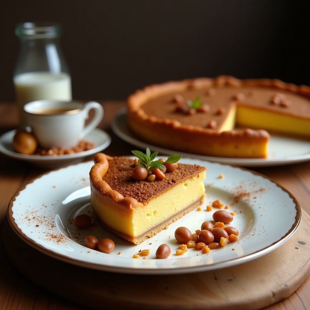 Tartaleta de café ahumado con base crujiente de nueces y dátiles, rellena de crema de café y leche de coco, decorada con nueces picadas sobre fondo rústico de madera.