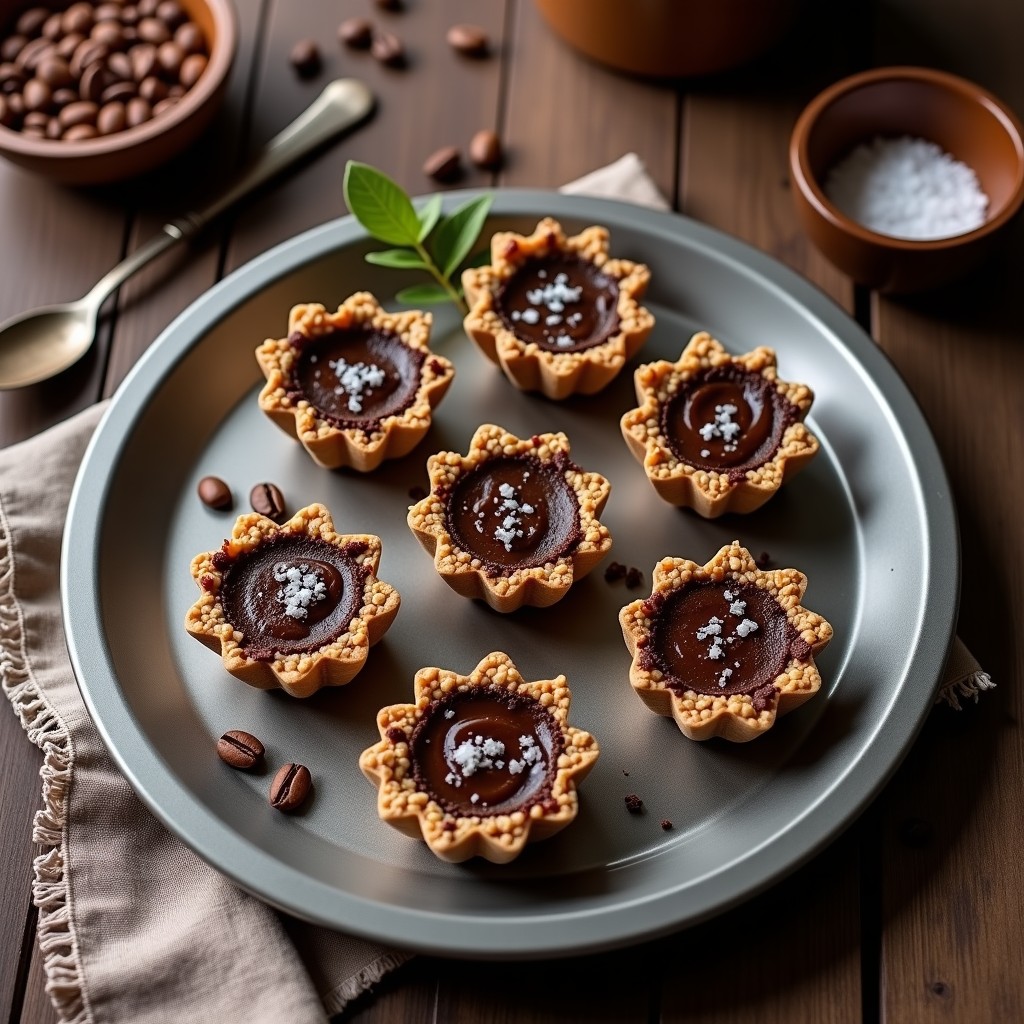 Tartaletas de café y cacao sin horno en molde de metal, con base oscura de avena y almendras, decoradas con virutas de cacao y un toque de sal marina. Receta energética y saludable.