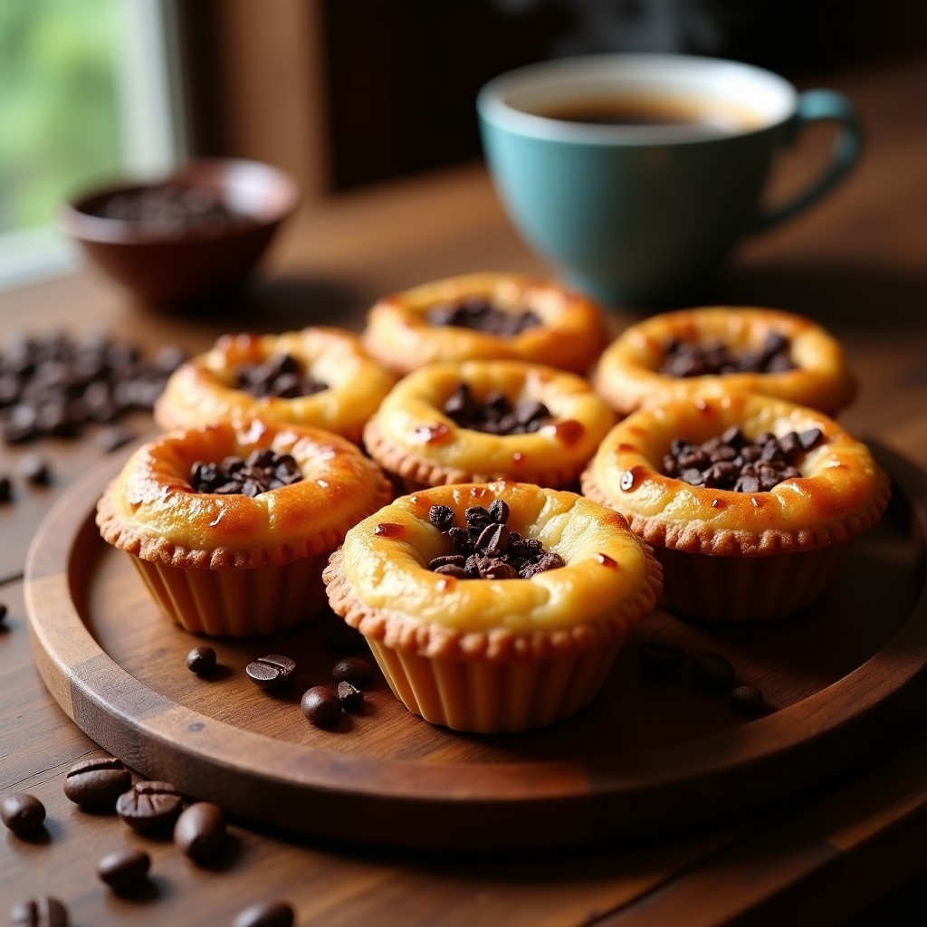 Tartaletas doradas de café y cacao nibs en moldes individuales, con textura esponjosa y trocitos de cacao nibs visibles en la superficie, servidas sobre una bandeja de madera con granos de café al fondo.