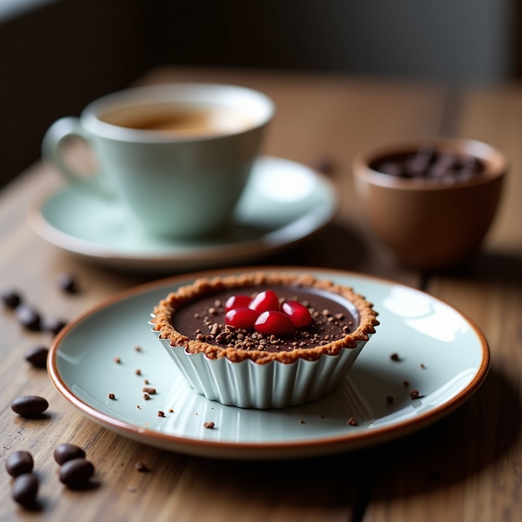 Tartaleta vegana de café y cacao en molde individual, base de almendras y dátiles con relleno cremoso oscuro, decorada con virutas de cacao y granada sobre fondo rústico de madera.