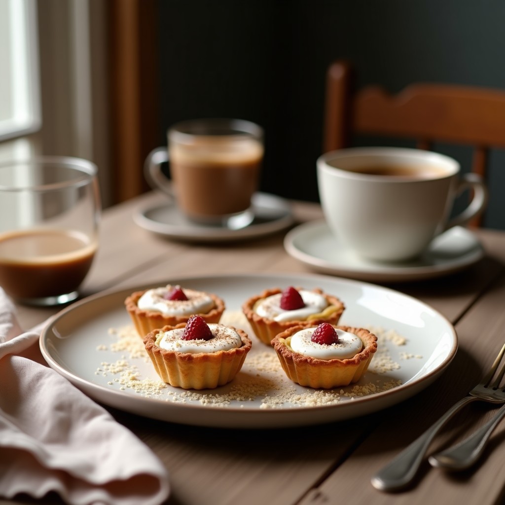 Tartaletas keto de café con base crujiente de almendra y espuma de coco cremosa, decoradas con cacao en polvo, sobre un plato blanco rústico.